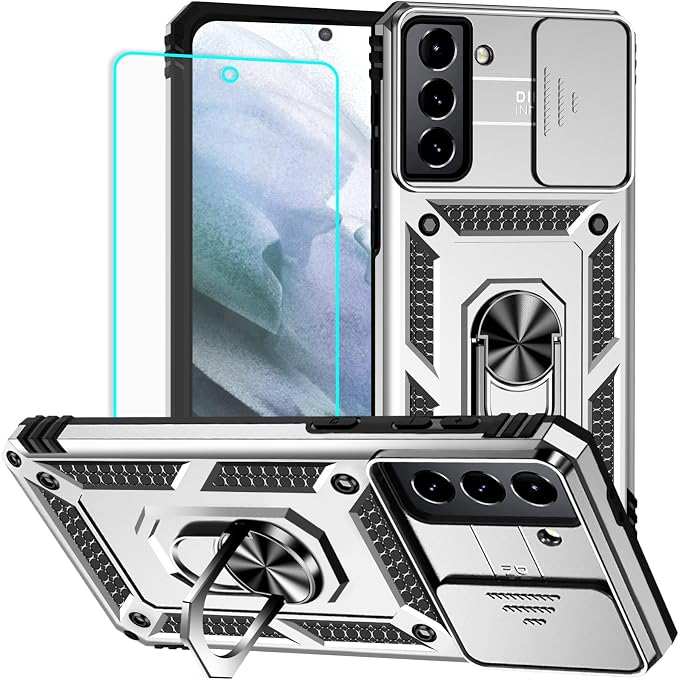 HNHYGETE for Galaxy S21 Case with Screen Protector: [Military Grade 20ft. Drop Tested] Ring Shockproof Protective Phone Case for - Samsung Galaxy S21 (Silver) by HNHYGETE