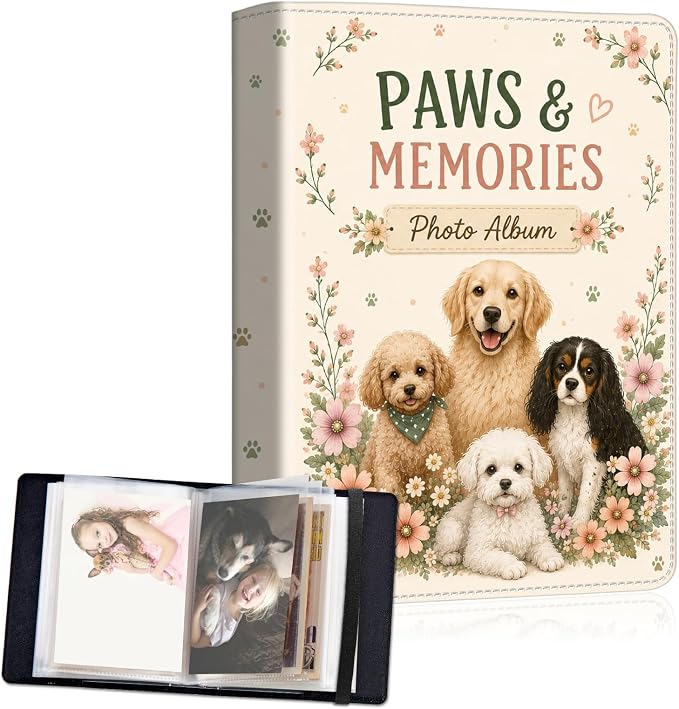 DEGDFSGR 4x6 Small Photo Album, 60 Pockets Holds 120 Photos | Slip-in pockets, black elastic band, portable for family, wedding, baby, travel photos, Cute Golden Retriever Wildflower by Unknown