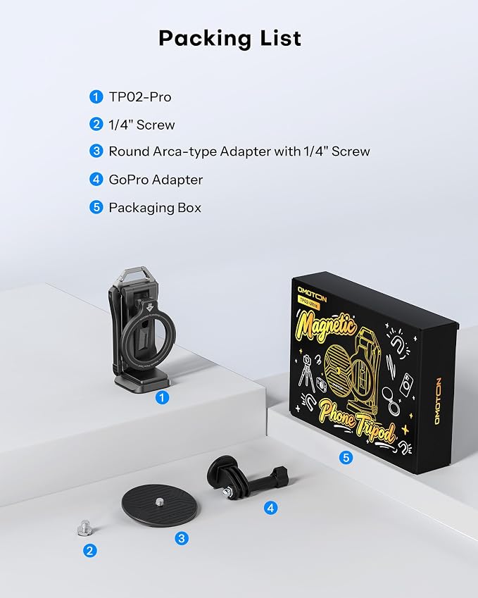 OMOTON TP02-Ultra 2 in 1 Magnetic Phone Tripod for DJI/GoPro iPhone, Black | Arca-type Adapter with 1/4" Screw for Action Camera, for iPhone 12-17 Series, Mount for Gym Kitchen Travel - Image 8