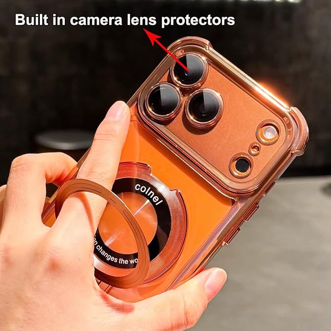 for iPhone 17 Pro Clear Case with Magnetic Ring Stand, [Compatible with MagSafe] Shockproof Kickstand Plating Soft Case with Camera Lens Protector Girls Woman Cover for 17 Pro 6.3", Orange - Image 3