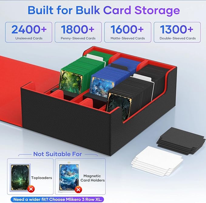 Mlikero Trading Card Storage Box, Bulk Card Storage for 1800+ Sleeved Cards, PU Leather Magnetic Closure Card Organizer with 10 Dividers & 3 Foam Stoppers, Fit for MTG, TCG and Sports Cards (Red) - Image 3