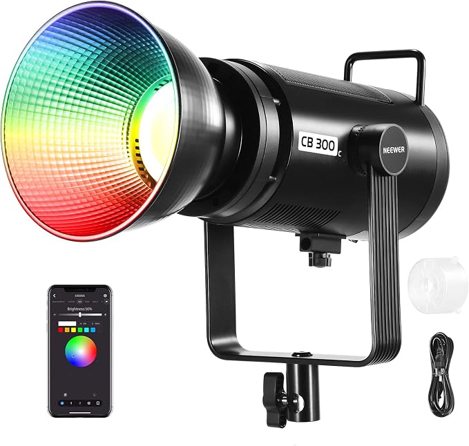 NEEWER CB 300C RGB LED Video Light with Reflector, 300W, APP/2.4G Control, 17 Scenes 29600Lux/1m 2500-7500K CRI97+/TLCI97+ Full Color Bowens COB Continuous Output Lighting Dimmable for Studio Filming by Neewer