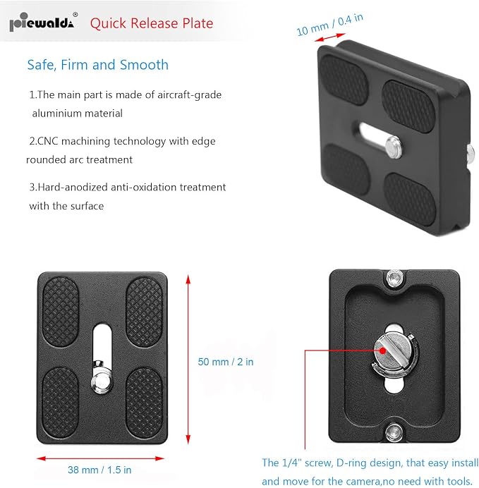 Niewalda PU50 Quick Release Plate Arca Swiss Plate with 1/4" Slotted Screw | Universal Tripod Quick Release Plate for Tripod, Includes D-Ring Fastener, Fits Monopod Stabilizer and Benro Gitzo Systems - Image 5