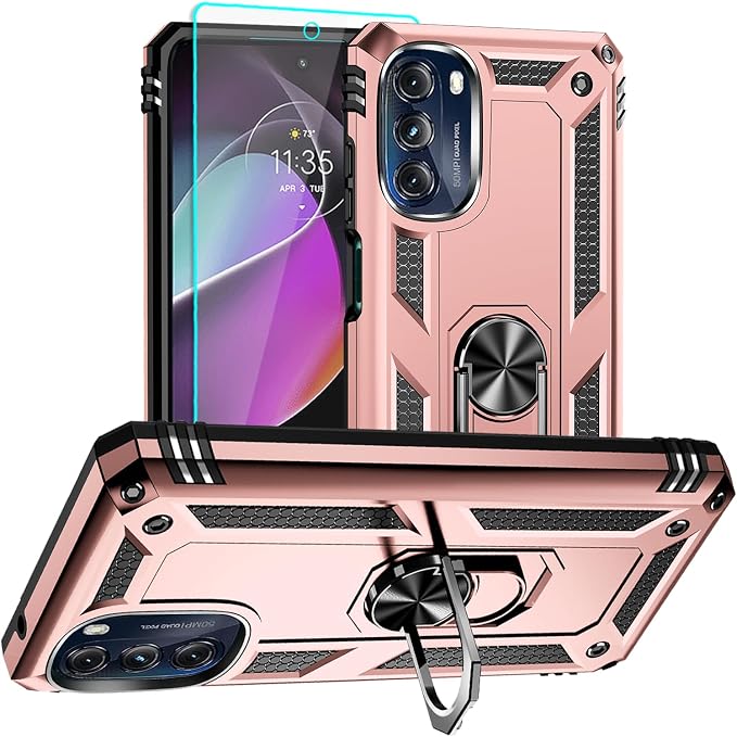 for Moto G 5G 2022 Case, Motorola Moto G 5G Case with HD Screen Protector, [Military Grade 16ft. Drop Tested] Ring Shockproof Protective Phone Case for Motorola G 5G 2022,Rose Gold by Aozuoton