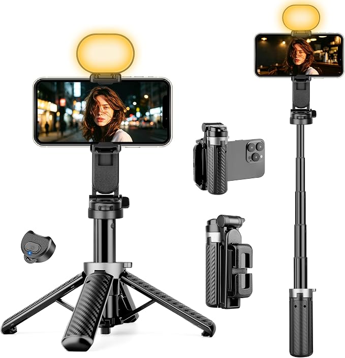 16″ Selfie Stick & Desktop Tripod for Phone with Light, 3 Color Modes & 2 Brightness Levels, Portable Phone Stand for Selfie, Vlogging, Makeup, Video Recording, Travel & Daily Use by HealAge