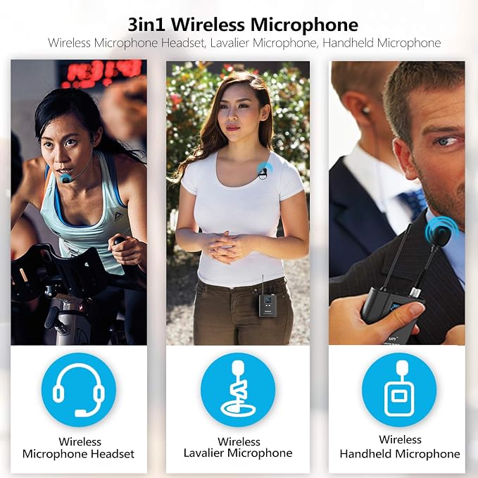 Bietrun UHF Wireless Lavalier Lapel Microphone System/Headset Mic/Stand Mic, 165ft Range, Rechargeable Transmitter Receiver, 1/4" Output, for iPhone,Android,PA Speaker,DSLR Camera,YouTube, Recording - Image 3