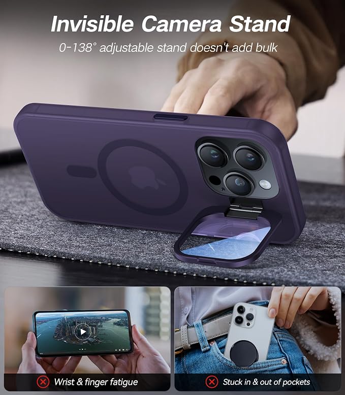 VOFATA for iPhone 15 Pro Case with Camera Cover Stand [Built-in 9H Camera Lens Protector][Fit for Magsafe] Military Grade Shockproof Translucent Matte Magnetic Phone Case 6.1", Purple - Image 3