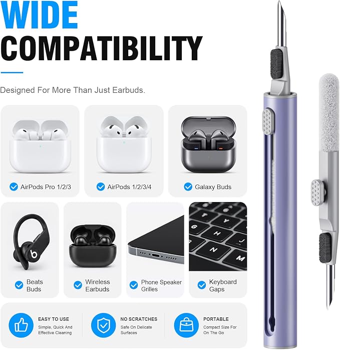 Hyashee Cleaner Kit for Airpods Pro 1 2 3 Multi-Function Cleaning Pen with Soft Brush Flocking Sponge for Bluetooth Earphones Case Cleaning Tools (Lavender Purple) - Image 6