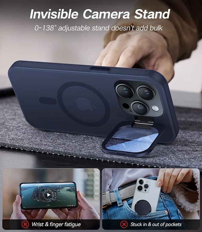 VOFATA for iPhone 15 Pro Max Case with Camera Cover Stand [Built-in 9H Camera Lens Protector][Fit for Magsafe] Military Grade Shockproof Translucent Matte Magnetic Phone Case 6.7", Blue - Image 3
