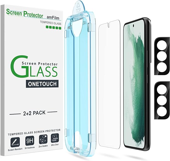 amFilm OneTouch for Samsung Galaxy S22 Screen Protector Tempered Glass | Auto-Alignment, 30s Install, Bubble Free, Scratch & Drop Protection, HD Clear, Camera Lens Protector, 2+2 Pack (S22-6.1'') by amFilm