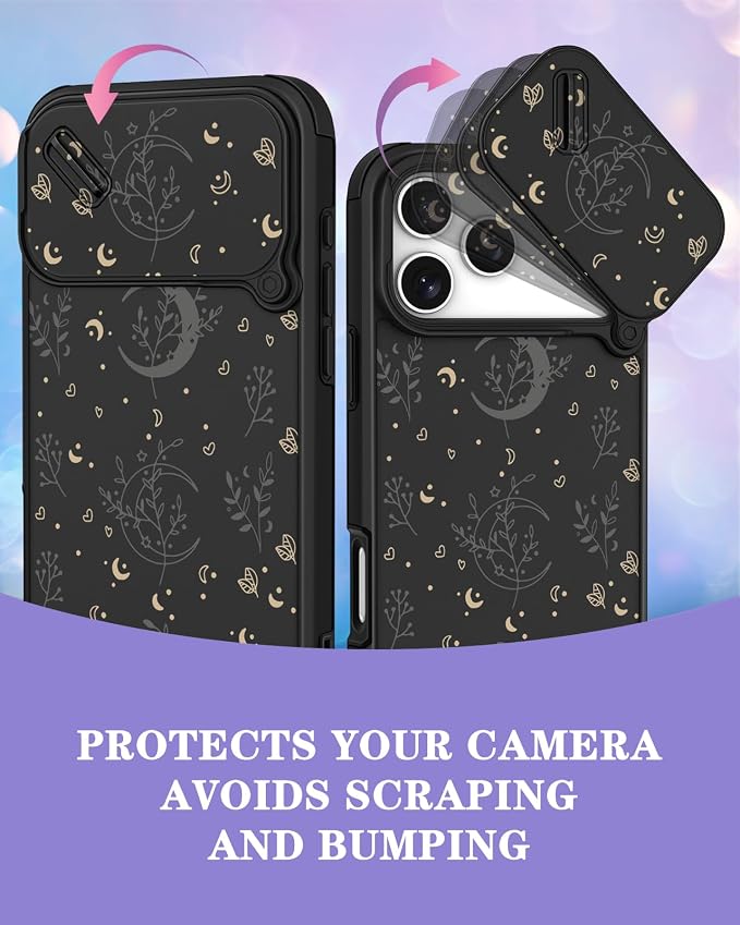 for iPhone 17 Pro Max Case - Women Cute Phone Cover Girly Pretty Unique Aesthetic Design Slide Camera Cover Protective Case for Apple for iPhone 17 Pro Max, Black Moon Stars - Image 3