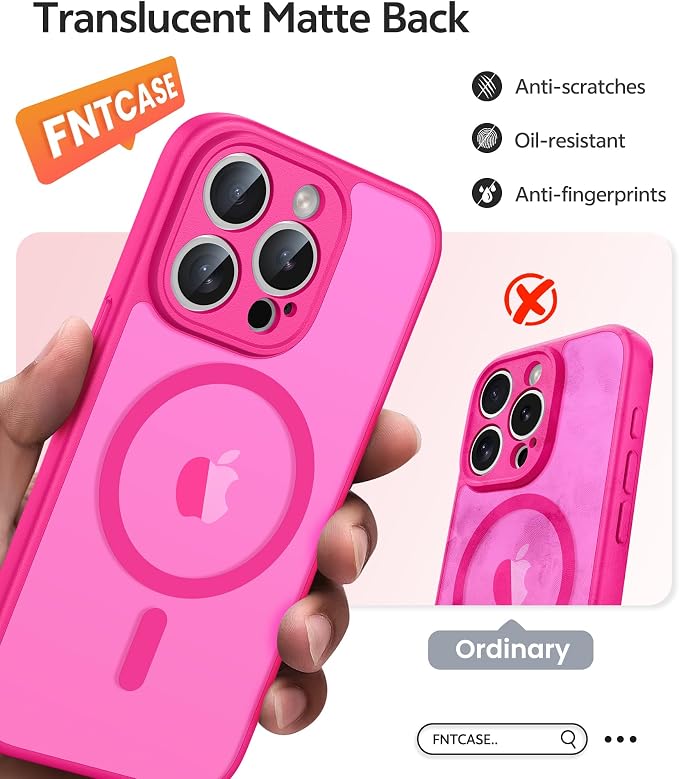 FNTCASE for iPhone 15 Pro Max Case, Fit for Magsafe, Glass Screen Protector | Full Camera Protection, Translucent Matte, 14FT Military Grade Drop Proof, Shockproof Protective Phone Cover, Hot Pink - Image 6
