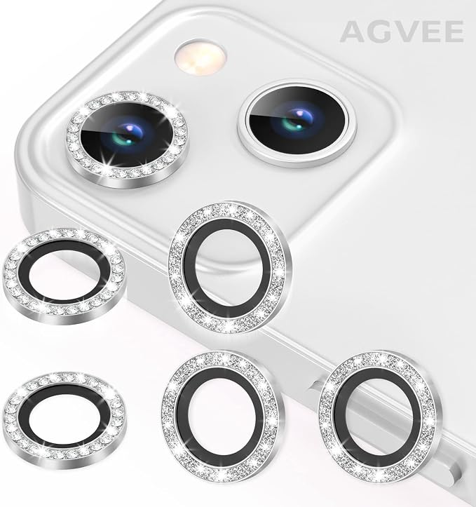 AGVEE 3+3 6 Pack for iPhone 13 & Mini Camera Lens Protector Cover | Individual Bling Diamond & Bling Glitter Sparkle Cute Gem Metal Ring, 9H Tempered HD Glass by AGVEE