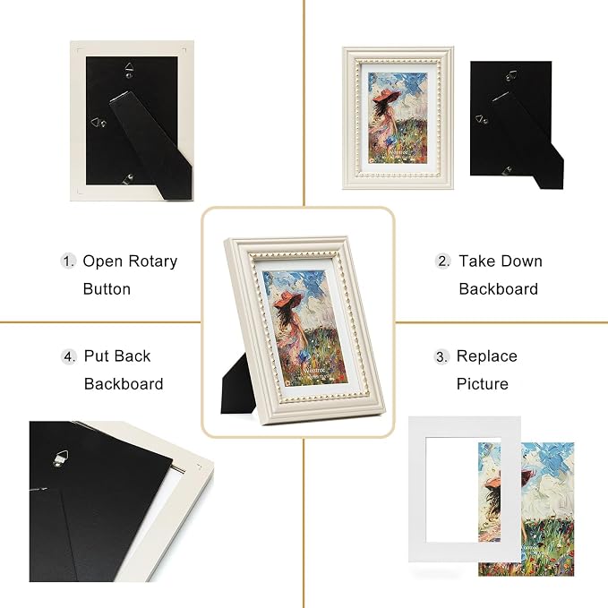 5x7 Picture Frame in Beige with Classic Gold Beaded Border, Solid Wood with Real Glass, Display 5x7 Photos Matted to 4x6, Vertical and Horizontal Desk Tabletop or Wall Hanging - Image 7