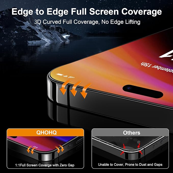 QHOHQ for iPhone 16 Pro Screen Protector + Camera Lens Protector, 3+3 Pack | [Military Grade Shatterproof], Top 9H+ Tempered Glass, Full Edge Coverage, Ultra Durable, with Easy Installation Tool - Image 3
