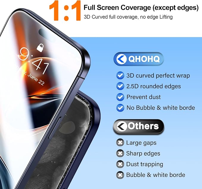 QHOHQ [1-Second Auto-Install] 3 Pack Screen Protector for iPhone 17 Pro [6.3 Inch] + 1 Set Camera Lens Protector, Shatterproof Tempered Glass, [Military Grade Protection], Anti-Finger, Case Friendly - Image 5