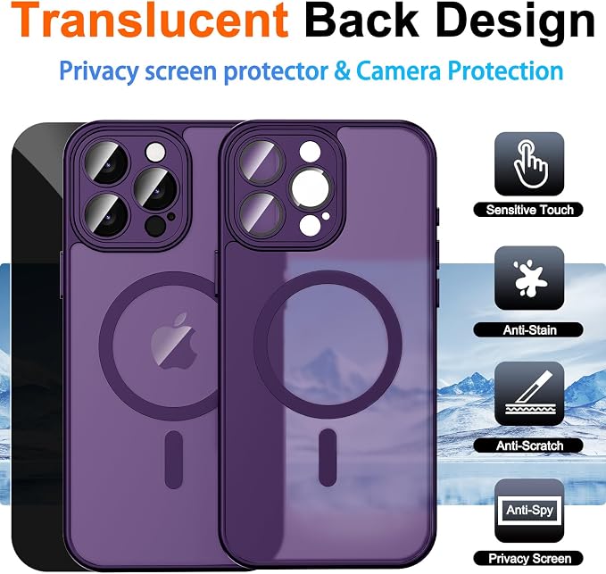 for iPhone 14 Pro Max Case with Privacy Screen Protector, Purple | Full Camera Protection, Translucent Matte Magnetic, Compatible with MagSafe, Shockproof Phone Cover, Slim Fit Women/Girls - Image 2