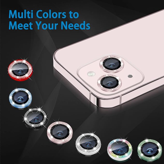 for iPhone 13 Mini & iPhone 13 Camera Lens Protector, Bling Glitter 9H Tempered Glass Camera Cover Anti Scratch Shockproof Screen Protector Individual Ring - 2Pcs Glitter Colorful - Image 7