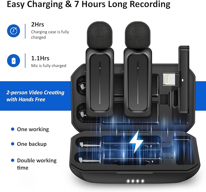 Ecomxia 2 Pcs Wireless Lavalier Microphone for iPhone iPad Android with Charging Case 7H Clip on Lapel Microphone Wireless for Video Recording Vlogging, YouTube, Interview, 3 Mode Denoise, 70ft - Image 5