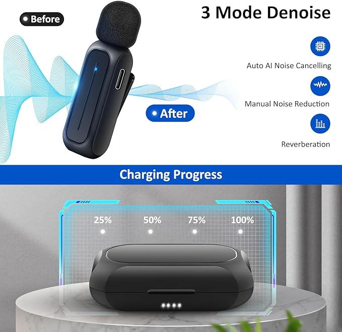Ecomxia 2 Pcs Wireless Lavalier Microphone for iPhone iPad Android with Charging Case 7H Clip on Lapel Microphone Wireless for Video Recording Vlogging, YouTube, Interview, 3 Mode Denoise, 70ft - Image 2