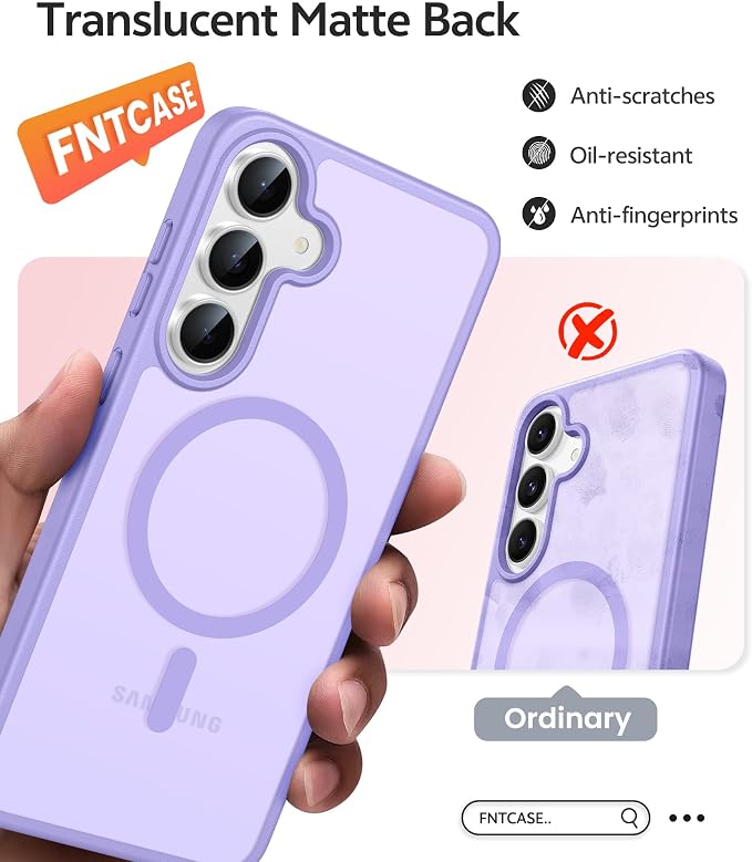 FNTCASE for Samsung Galaxy S25 FE Case, Fit for Magsafe, Screen Protector | Translucent Matte Magnetic Back, 14FT Military Grade Drop Protection, Slim Shockproof Protective Phone Cover, Light Purple - Image 6