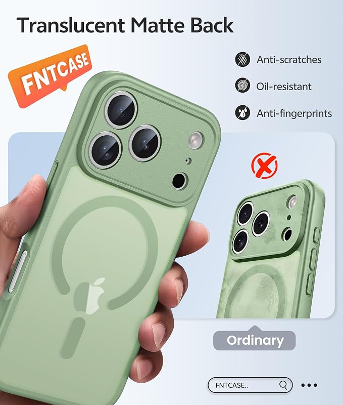 FNTCASE for iPhone 17 Pro Case, Fit for Magsafe, Screen Protector | Full Camera Protection, Translucent Matte, 14FT Military Grade Drop Proof, Shockproof Protective Phone Cover, Light Moss - Image 6