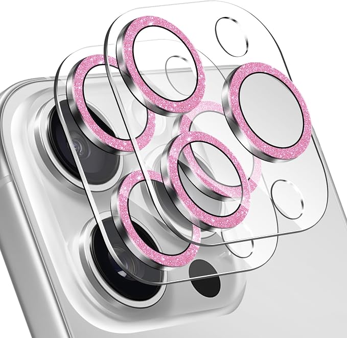 2 Pack for iPhone 16 Pro Max Camera Lens Protector | Bling Tempered Glass 9 Hardness,Anti-Scratch High Definition Camera Screen Protector (Pink) by NECARSIN