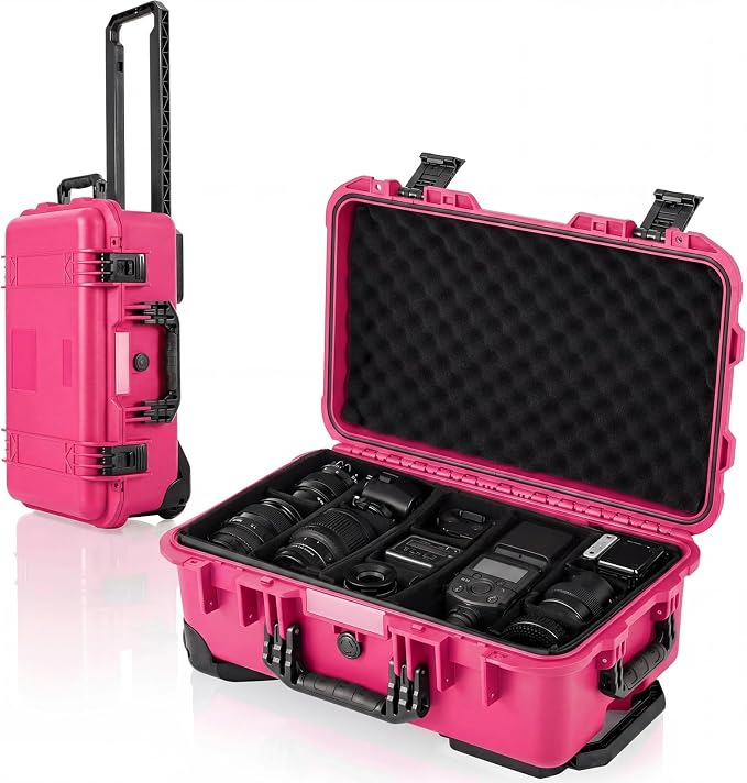 Relaxweex Rolling Camera Hard Case with Padded Dividers & Wheels, Impact-resistant Hard Shell Travel Case for Cameras, Lenses & Accessories(22 x 14 x 9 Inch,Rose Red) by Relaxweex