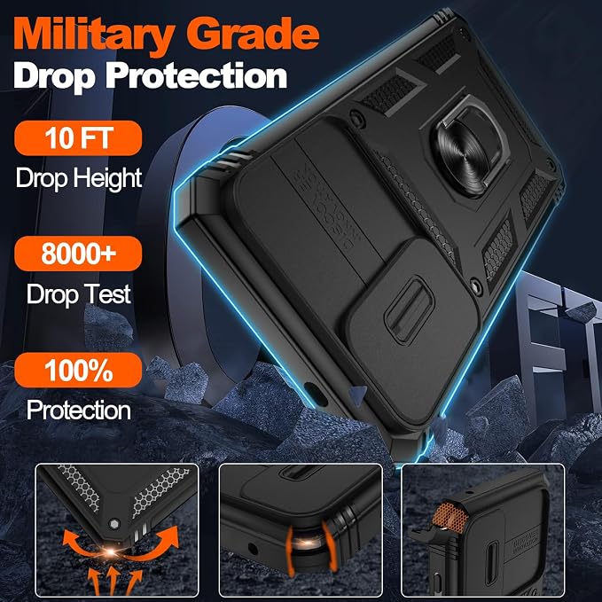 Gritup Fit for Samsung Galaxy S25 Edge Case with Slide Camera Cover | 2 Pcs Screen Protector, Build in 360° Rotating Ring Kickstand, Military Grade Protective Phone Case, Black - Image 3