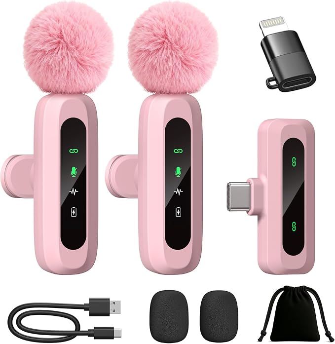 Upgraded Mini Microphone for iPhone Android/iPad PC with LED Display, Wireless Clip-On Mics, USB C Lavalier Microphone with Noise Cancelling (for Lightning-USB-C Port, Pink) by Unknown