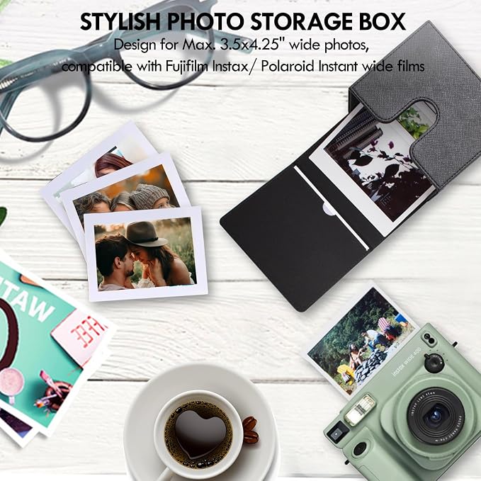 Photo Storage Box for Instax Wide/Polaroid Now+/I-Type/OneStep2 Instant Film, 3.5x4.25” Photo Holder fits for Fujifilm Instax Wide 400/300 Wide Picture Display - Black - Image 2