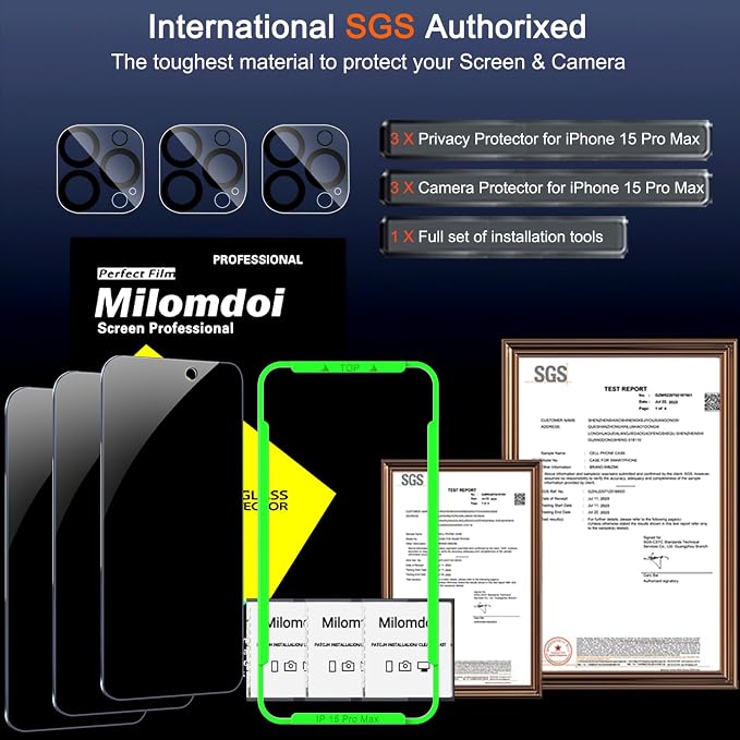 Milomdoi Privacy Screen Protector for iPhone 15 Pro Max, Tempered Glass | 3+3 Pack, 9H+ Hardness, Camera Lens Protector, Military Grade Shatterproof, Easy Installation, No Bubbles, Case Friendly - Image 3