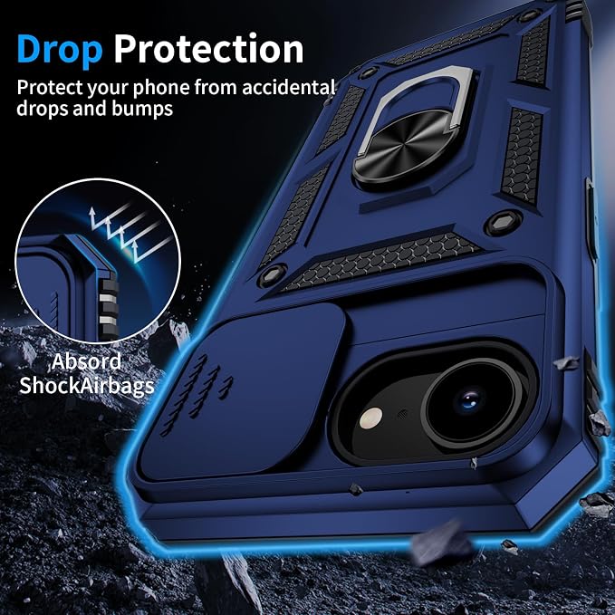 for iPhone 17e Case & iPhone 16e Case with 2X HD Screen Protector & Slide Camera Cover & Rotated Ring Kickstand, Rugged Heavy Duty Protective Phone Case for iPhone 17e/16e 6.1 inch, Blue - Image 5