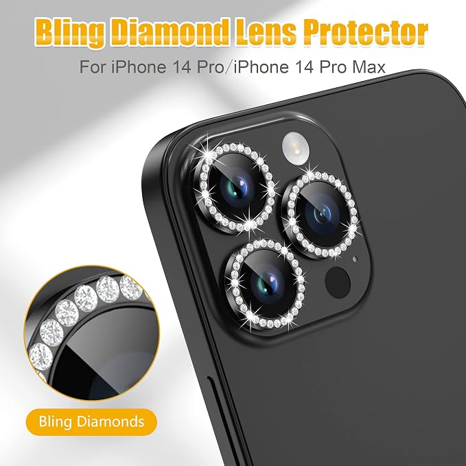 AGVEE 3+3 6 Pack for iPhone 14 Pro & Max Camera Lens Protector Cover | Individual Bling Diamond & Bling Glitter Sparkle Cute Gem Metal Ring, 9H Tempered HD Glass - Image 4
