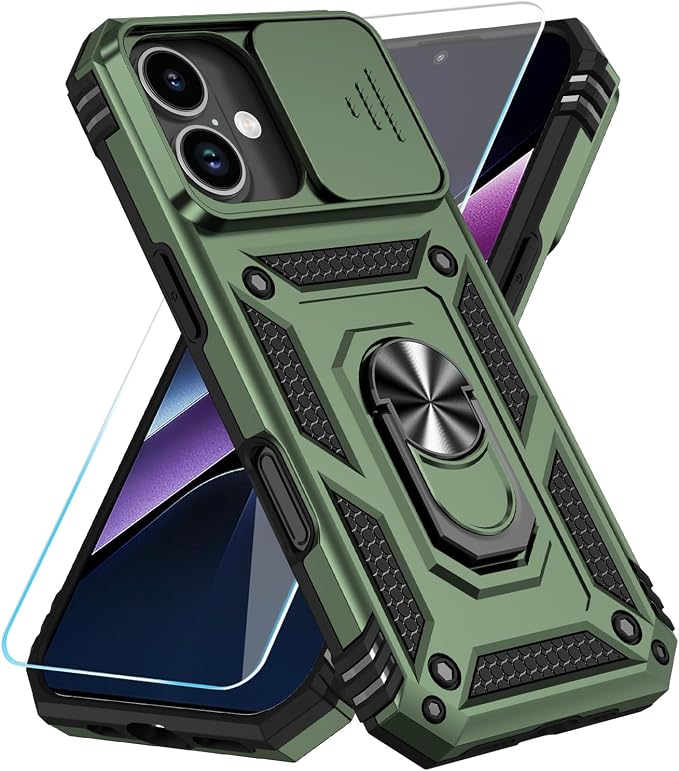 SunStory Phone Case for iPhone 17 Case with HD Screen Protector & Slide Camera Cover & Rotated Ring Kickstand, [Military-Grade] Phone Case for iPhone 17, Army Green by SunStory