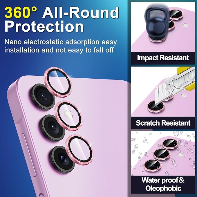 for Samsung Galaxy A35 5G Camera Lens Protector, Individual Metal Ring Tempered Glass Lens Cover, [Strong Adsorption] Scratch Resistant Ultra-Thin HD Clear Lens Cover, 1 Set-Pink Sparkly - Image 4