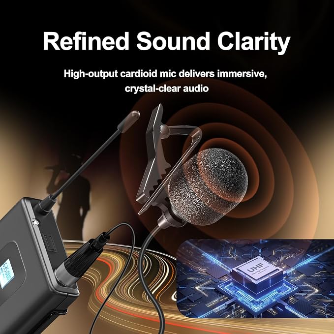 Gimkuls Wireless Lavalier Microphone System, Dual UHF Cordless Lapel Mic Set with 2 Bodypacks, 200 Channels, 328ft Range, XLR/6.35mm Outputs for Church, Speaking, Teaching, Interview - Image 2
