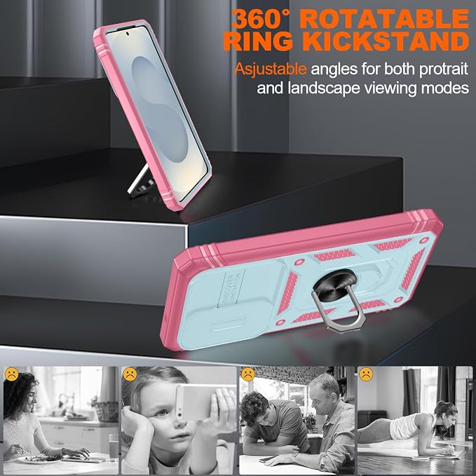 Gritup for Samsung Galaxy S26 Case with Slide Camera Cover | 2*Screen Protector, Build in 360° Rotating Ring Kickstand, Military Grade Protective Cover for Samsung S 26, Green+Pink - Image 8