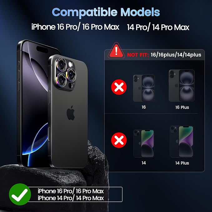 CACOE Metal Camera Lens Protector for iPhone 14/16 Pro/Pro Max Cover | Tempered Glass Cover, Anti-Scratch, Drop-Proof, Strong Adhesion, Camera Screen Cover Accessories, Colorful - Image 6