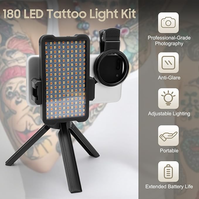 180 LED Tattoo Light Kit with 52mm CPL Filter Lens, Adjust Brightness & Removing Reflective, Panel Light for Smartphones and Cameras, for Food Photography - Image 2