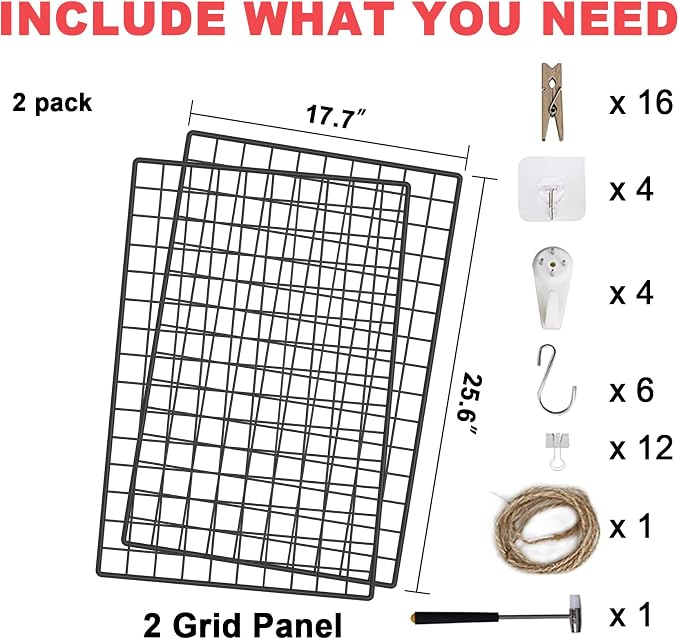 C&AHOME Photo Wall Display Set of 2, Wall Grid Panel, 17.7" x 25.6", Black | Photo Display Shelves, Wall Storagae Organizer, Grid Panel, Hooks, Clips, Hemp Cord, Hammer - Image 6
