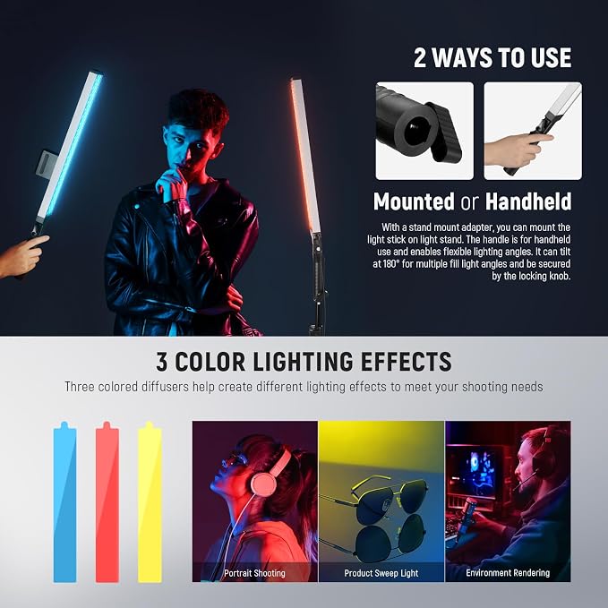 NEEWER Upgraded LED Video Light Stick & 2.4G Remote Kit, 2 Pack Handheld Dimmable 3200K~5600K CRI97+ Video Lighting with Stands/Filters/Bag for YouTube Video Recording Photography Gaming, BH20B Silver - Image 5