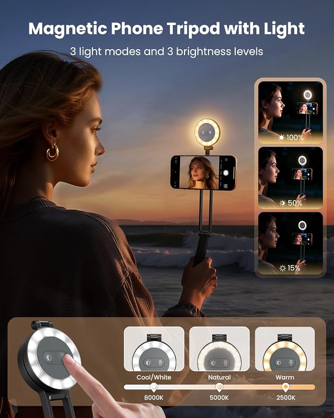 2 in 1 Magnetic Selfie Light Tripod for iPhone for Magsafe Tripod | magnetic adsorption,phone mount smartphone stand selfie stick with fill light for iPhone accessories,3 color temps brightness - Image 2