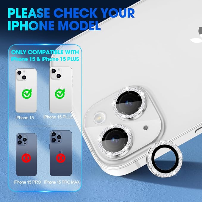 for iPhone 15/15 Plus Camera Lens Protector Bling Diamond, Silver | Individual Metal, 9H Hardness, Scratch Resistant, Shockproof, Drop Protection, Case Friendly, Stylish Accessories - Image 2