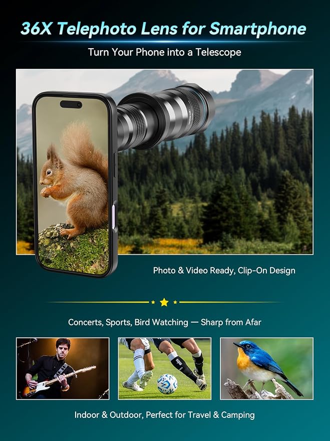 APEXEL 36x Telephoto Lens Compatible with iPhone 17 | Photography for Travel, Birdwatching, Exploration | Kit with Sturdy Metal Tripod and Threaded Phone Case - Image 4