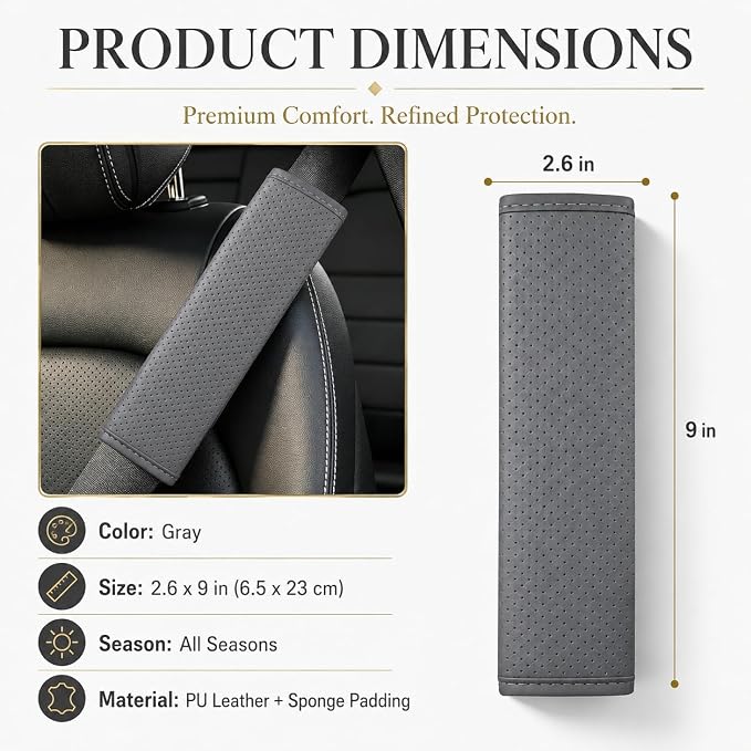 Gray Breathable PU Leather Seat Belt Covers - 2Pcs, Perforated Seat Belt Pads, Universal Fit for Car Truck SUV - Image 2