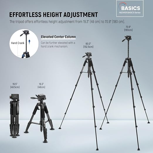 NEEWER BASICS Camera Tripod, 71'' Tripod with Cell Phone Holder Mount Compatible with iPhone for Video Recording, Professional Aluminum Lightweight Portable Travel Stand with 3 Way Pan Tilt Head, TP55 - Image 2