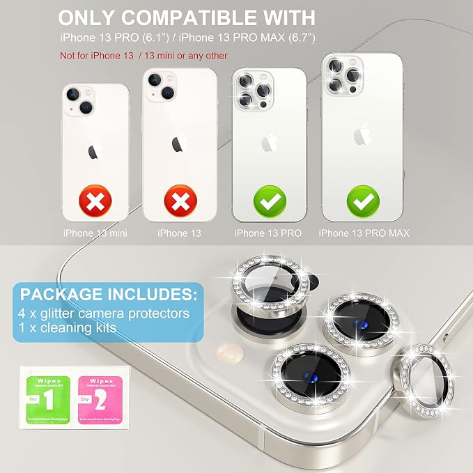Choiche for iPhone 13 Pro/iPhone 13 Pro Max Camera Lens Protector | Ultra HD, Bling 9H Tempered Glass Camera Cover Screen Protector Metal Ring Decoration Accessories (Diamond-Silver) - Image 2