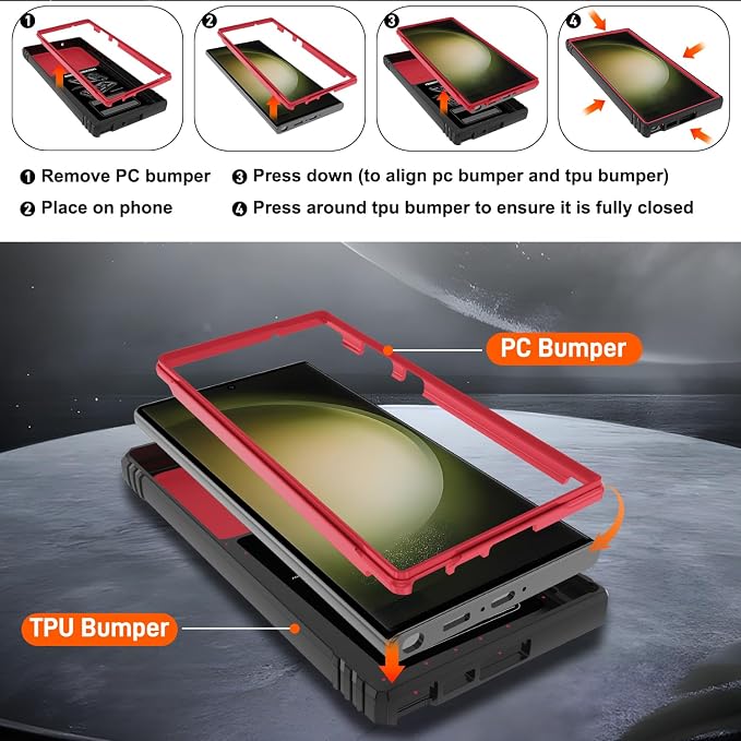 Gritup for Samsung Galaxy S23 Ultra Case with 2PCS Screen Protector, Build in 360° Rotating Ring Kickstand, Military Grade Protective Case for S23 Ultra Phone, Red+Black - Image 4
