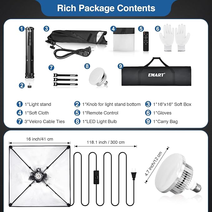 EMART Softbox Lighting Kit 85W 16"x16" Soft Box for Photography Light 1Pack | 3000K-6000K LED Bulbs with Remote, 65" Tripod, Professional Photography Lighting for Studio Lights, Portrait, Video Recording - Image 8